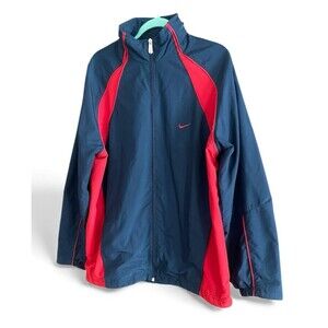 Nike Windbreaker Jacket Mens L Lined Mesh Nylon Full Zip Hooded Navy Blue Red